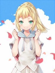 Rule 34 | 1girl, blonde hair, clenched hands, cloud, comeazu, creatures (company), day, game freak, green eyes, lillie (pokemon), long hair, nintendo, outdoors, petals, pokemon, pokemon sm, ponytail, sky, smile, solo, spoilers