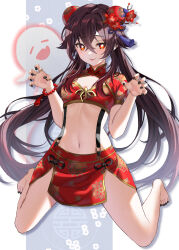 Rule 34 | 1girl, absurdres, boo tao (genshin impact), breasts, brown hair, cleavage, flower-shaped pupils, genshin impact, highres, hu tao (genshin impact), looking at viewer, medium breasts, nail polish, open mouth, red eyes, short sleeves, smile, solo, symbol-shaped pupils, wanatsu 15