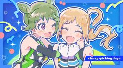 Rule 34 | 2girls, :d, ;d, bare shoulders, blonde hair, blue background, cherry, closed eyes, commentary request, cone hair bun, double bun, facing viewer, food, fruit, fukuhara ann, gloves, green hair, green shirt, hair bun, hands up, highres, hug, idol clothes, long hair, looking at another, morizono wakana, multiple girls, one eye closed, open mouth, outline, pretty rhythm, pretty rhythm rainbow live, pretty series, purple eyes, shirt, short hair, side ponytail, sleeveless, sleeveless shirt, smile, techimi, upper body, white gloves, white outline