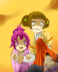 Rule 34 | 1boy, 2girls, aida mana, angry, arm grab, beaten, blood, blood on face, blood on clothes, brown hair, clenched teeth, constricted pupils, dokidoki! precure, double bun, evil grin, evil smile, grin, half updo, multiple girls, pink eyes, pink hair, precure, scared, short hair, smile, tears, teeth, yotsuba alice, aged down, zanpan526
