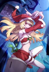 Rule 34 | 1girl, arms up, bell, blonde hair, boots, breasts, christmas, christmas ornaments, christmas tree, cleaning robot, closed mouth, crop top, detached sleeves, finger gun, fur-trimmed boots, fur-trimmed skirt, fur-trimmed sleeves, fur trim, hat, highres, long hair, long sleeves, looking at viewer, maidono hoshimi, medium breasts, midriff, nanaheibei 3, non-humanoid robot, outdoors, pom pom (clothes), robot, santa boots, santa costume, santa hat, science fiction, sitting, skirt, smile, solo, toaru majutsu no index, toaru majutsu no index: genesis testament, toaru majutsu no index: new testament, wide sleeves, yellow eyes