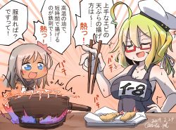 Rule 34 | 2girls, ahoge, aoba (akibajun), blonde hair, blue eyes, chibi, chopsticks, commentary request, closed eyes, fire, flower, food, frying pan, glasses, hair flower, hair ornament, hand on own hip, hat, highres, holding, holding chopsticks, i-8 (kancolle), kantai collection, long hair, low twintails, multiple girls, name tag, one-hour drawing challenge, one-piece swimsuit, open mouth, peaked cap, red-framed eyewear, ro-500 (kancolle), sailor collar, sailor hat, school swimsuit, semi-rimless eyewear, shrimp, shrimp tempura, swimsuit, swimsuit under clothes, tan, tempura, translation request, twintails, under-rim eyewear