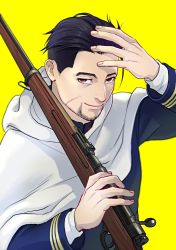 Rule 34 | 1boy, black eyes, black hair, cape, facial hair, facial scar, ganpiro, golden kamuy, gun, hair slicked back, hair strand, hand up, imperial japanese army, long sleeves, looking at viewer, male focus, military, military uniform, ogata hyakunosuke, rifle, scar, scar on cheek, scar on face, short hair, simple background, standing, stubble, uniform, upper body, weapon, white cape, yellow background