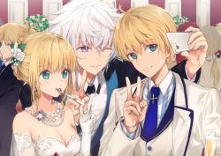 Rule 34 | 2boys, 2girls, ;), ahoge, arthur pendragon (fate), arthur pendragon (white rose) (fate), artoria pendragon (all), artoria pendragon (fate), bare shoulders, black jacket, blonde hair, blue neckwear, breasts, cellphone, cleavage, collared shirt, cup, dangmill, dress, drinking glass, earrings, elbow gloves, fate (series), flower, fork, formal, gloves, green eyes, hair flower, hair ornament, holding, holding phone, indoors, jacket, jewelry, long sleeves, medium breasts, merlin (fate/stay night), mordred (fate), mordred (fate/apocrypha), mouth hold, multiple boys, multiple girls, necklace, necktie, official alternate costume, one eye closed, open clothes, open jacket, pearl necklace, phone, ponytail, purple eyes, rose, saber (avalon celebrate) (fate), saber (fate), shirt, sidelocks, silver hair, smartphone, smile, strapless, strapless dress, striped clothes, striped shirt, suit, taking picture, upper body, v, vertical-striped clothes, vertical-striped shirt, white dress, white flower, white gloves, white jacket, white rose, white shirt, wing collar