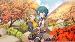 Rule 34 | 2girls, aizawa kazuha, arm around shoulder, assault lily, autumn, autumn leaves, belt, belt pouch, black gloves, black jacket, black skirt, black thighhighs, blue eyes, blue hair, blue sky, blurry, blurry background, blurry foreground, blush, breast pocket, breasts, brown hair, brown jacket, building, bush, closed mouth, cloud, collared shirt, commentary request, cowboy shot, crop top, day, dutch angle, eye contact, fingerless gloves, floral print, flower, frilled skirt, frills, gloves, grey eyes, grey shorts, hair flower, hair ornament, hand up, high ponytail, hood, hood down, hooded jacket, iijima renka, interlocked fingers, jacket, japanese clothes, kimono, leg up, leotard, leotard under clothes, long hair, looking at another, medium breasts, midriff, miniskirt, mountain, multiple girls, narita tamezou, necktie, nervous smile, o-ring, o-ring thigh strap, obi, official alternate costume, official alternate hairstyle, official art, open clothes, open jacket, orange flower, outdoors, parted lips, pleated skirt, pocket, ponytail, pouch, print kimono, raised eyebrows, red belt, red necktie, sash, shirt, short hair, short kimono, shorts, side-by-side, sidelocks, skirt, sky, smile, standing, standing on one leg, stone lantern, sweatdrop, tassel, tassel hair ornament, thigh pouch, thigh strap, thighhighs, watermark, white belt, white shirt, yellow kimono, yellow leotard, yuri