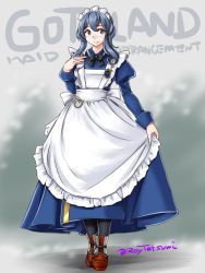 Rule 34 | 1girl, adapted costume, alternate costume, apron, black pantyhose, black ribbon, blue dress, blue eyes, blue hair, boots, character name, collared dress, dress, enmaided, frilled apron, frills, full body, gotland (kancolle), gradient background, grey background, hair bun, kantai collection, long dress, long hair, long sleeves, looking at viewer, maid, maid headdress, mole, mole under eye, neck ribbon, pantyhose, red footwear, ribbon, single hair bun, solo, standing, tatsumi ray, twitter username, white apron