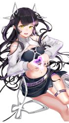 Rule 34 | 1girl, absurdres, black hair, black skirt, black tube top, blunt bangs, blush, breasts, chain, cleavage, commentary request, demon girl, demon horns, demon tail, feet out of frame, grey jacket, heart, heart hands, highres, horns, jacket, kojo anna, kojo anna (2nd costume), long hair, long sleeves, looking at viewer, medium breasts, midriff, miniskirt, multicolored hair, nanashi inc., navel, official alternate costume, open mouth, pointy ears, purple hair, russian text, sankyo (821-scoville), shrug (clothing), simple background, skirt, smile, solo, strapless, sugar lyric, tail, thigh strap, transparent background, tube top, twintails, two-tone hair, virtual youtuber, yellow eyes