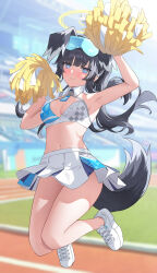 Rule 34 | 1girl, absurdres, animal ears, armpits, arms up, black hair, blue archive, blue eyes, blurry, blurry background, blush, breasts, cheerleader, cleavage, closed mouth, collar, commentary, dog ears, dog girl, dog tail, full body, goggles, goggles on head, halo, hibiki (blue archive), hibiki (cheer squad) (blue archive), highres, holding, holding pom poms, kurageumisawa, legs up, long hair, looking at viewer, medium breasts, midair, millennium cheerleader outfit (blue archive), miniskirt, navel, official alternate costume, outdoors, panties, pantyshot, pleated skirt, pom pom (cheerleading), pom poms, skirt, solo, star sticker, sticker on face, stomach, tail, thighs, underwear, white collar, white footwear, white panties, white skirt, yellow halo