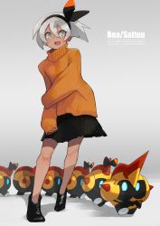 Rule 34 | 1girl, absurdres, ankle boots, bad id, bad pixiv id, bea (pokemon), black hairband, black skirt, blue eyes, boots, character name, commentary request, cosplay, creatures (company), dark-skinned female, dark skin, english text, falinks, game freak, gen 8 pokemon, gym leader, hairband, highres, katsu (katsupainter), nintendo, orange sweater, oversized clothes, pokemon, pokemon swsh, ribbed sweater, scooby-doo, silver hair, skirt, sleeves past wrists, solo focus, sweater, turtleneck, turtleneck sweater, velma dace dinkley, velma dace dinkley (cosplay)
