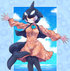 Rule 34 | 1girl, alternate costume, aqua neckwear, arm up, ascot, black hair, black pantyhose, black vest, blowhole, blue ascot, cetacean tail, collared dress, commentary request, dorsal fin, dress, feet out of frame, fins, fish tail, floral print, grin, hair over one eye, hand up, head fins, highres, kemono friends, kotobukkii (yt lvlv), long sleeves, looking at viewer, medium dress, multicolored hair, open clothes, open vest, orca (kemono friends), outstretched arms, outstretched hand, pantyhose, parted bangs, print dress, short hair, smile, solo, spread arms, spread fingers, standing, tail, teeth, two-tone hair, vest, white hair, wing collar