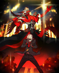 Rule 34 | 1boy, antonio salieri (fate), antonio salieri (first ascension) (fate), antonio salieri (second ascension) (fate), ascot, black gloves, cropped legs, dual persona, fate/grand order, fate (series), formal, gloves, holding, holding sword, holding weapon, kaworu (kaw lov), looking at viewer, male focus, mask, pants, pinstripe pants, pinstripe pattern, red ascot, red gloves, signature, striped, suit, sword, weapon, white hair