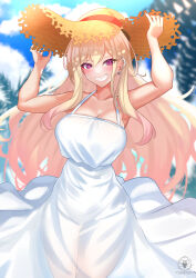Rule 34 | 1girl, absurdres, arms up, bare arms, bare shoulders, blonde hair, blue sky, commentary request, cowboy shot, dress, grin, hair between eyes, hat, highres, kitagawa marin, long hair, looking at viewer, nez-box, outdoors, purple eyes, sky, sleeveless, sleeveless dress, smile, solo, sono bisque doll wa koi wo suru, standing, sun hat, very long hair, white dress