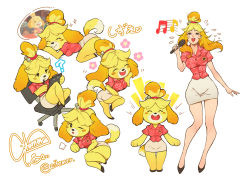 Rule 34 | 2girls, ?, animal crossing, animal ears, blonde hair, blush stickers, breasts, citemer, collage, dog ears, dog girl, dog tail, dual persona, furry, furry female, hawaiian shirt, high heels, highres, humanization, isabelle (animal crossing), large breasts, microphone, miniskirt, multicolored hair, multiple girls, music, nintendo, orange hair, pencil skirt, personification, pink shirt, shirt, singing, sitting, skirt, solo focus, tail, topknot, twitter username, two-tone hair