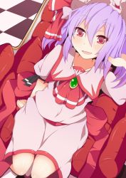 Rule 34 | 1girl, ascot, brooch, chair, dress, fang, hand in own hair, hat, hat ribbon, jewelry, kan lee, mob cap, open mouth, pink dress, puffy sleeves, purple hair, red eyes, remilia scarlet, ribbon, short sleeves, sitting, smile, solo, tile floor, tiles, touhou