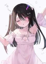 Rule 34 | 1girl, armpits, black hair, blush, breasts, cleavage, commission, detached sleeves, dress, hakua aa, highres, indie virtual youtuber, long hair, medium breasts, one eye closed, open mouth, pink eyes, sideboob, skeb commission, solo, swept bangs, two side up, virtual youtuber, white dress, yoruno sumi