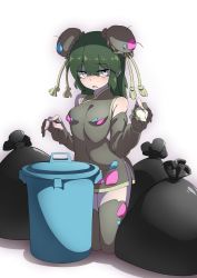 Rule 34 | 1girl, absurdres, bad id, bad pixiv id, blush, breasts, bun cover, creatures (company), double bun, fingerless gloves, full body, game freak, garbodor, gen 5 pokemon, gloves, green hair, grey eyes, hair bun, hand up, highres, kanon563, kneeling, long hair, looking at viewer, nintendo, open mouth, outdoors, personification, pokemon, simple background, small breasts, solo, trash bag, trash can, white background