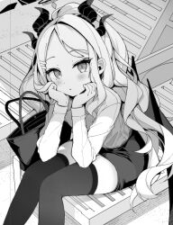Rule 34 | 1girl, bag, blue archive, blush, chair, collared shirt, feet out of frame, forehead, greyscale, hair ornament, hairclip, halo, hina (blue archive), horns, leaning forward, long hair, long sleeves, looking at viewer, lounge chair, low wings, monochrome, on chair, parted bangs, parted lips, pencil skirt, ponytail, shiika yuno, shirt, sitting, skirt, solo, thighhighs, very long hair, wings