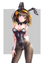 Rule 34 | 1girl, absurdres, animal ears, arm behind back, bickle (bickle1983), black bow, black bowtie, black leotard, black pantyhose, bob cut, bow, bowtie, breasts, brown eyes, brown hair, cleavage, contrapposto, cowboy shot, detached collar, fake animal ears, grey background, h, highres, leotard, looking at viewer, medium breasts, pantyhose, playboy bunny, rabbit ears, solo, standing, strapless, strapless leotard, suzumiya haruhi, suzumiya haruhi no yuuutsu, two-tone background, white background, wrist cuffs