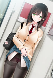 Rule 34 | 1girl, bag, black hair, black pantyhose, blue skirt, breasts, cardigan, checkered necktie, clothes lift, collared shirt, commentary request, cowboy shot, dutch angle, green eyes, highres, large breasts, long hair, long sleeves, looking at viewer, necktie, oouso, original, panties, panties under pantyhose, pantyhose, parted lips, pleated skirt, red panties, school bag, shirt, shoulder bag, skirt, skirt lift, solo, thighband pantyhose, underwear, white shirt, yellow cardigan