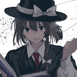 Rule 34 | 1girl, bad id, bad twitter id, black capelet, book, bow, brown hair, capelet, fedora, gotagotay, hair bow, hat, hat bow, hat ribbon, highres, holding, holding book, long sleeves, looking at viewer, medium hair, necktie, open book, pages, ribbon, shirt, smile, solo, touhou, usami renko, white bow, white shirt