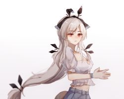 Rule 34 | 1girl, arknights, black headwear, blue pants, blurry, bracelet, chand, chinese commentary, collarbone, commentary request, depth of field, from side, grey hair, hair ornament, headdress, highres, jewelry, long hair, own hands together, pants, parted lips, puffy short sleeves, puffy sleeves, red eyes, shirt, short sleeves, simple background, soft focus, solo, upper body, very long hair, weedy (arknights), white background, white shirt