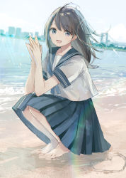 Rule 34 | 1girl, barefoot, beach, black hair, blue eyes, blue neckerchief, blush, cityscape, clothing request, commentary, day, heart, highres, long hair, looking at viewer, mochitsuki usa, neckerchief, ocean, open mouth, original, outdoors, sailor collar, sand writing, school uniform, serafuku, shirt, short sleeves, smile, solo, squatting, symbol-only commentary, white shirt