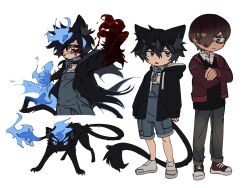 Rule 34 | 2boys, animal ear fluff, animal ears, animal hands, animalization, black hair, black jacket, black sweater vest, blood, blood on face, blood on hands, blue eyes, blue fire, blue sclera, child, collar, collared shirt, colored sclera, crossed arms, denim, deviidog0, fire, flame-tipped tail, flaming hand, full body, fur-tipped tail, glasses, green eyes, grin, hair over one eye, hands up, highres, hood, hood down, hooded jacket, jacket, jeans, long sleeves, looking at another, looking at viewer, male focus, metal collar, monster boy, multiple boys, multiple views, original, outstretched arms, overalls, pants, parted lips, red eyes, red jacket, shirt, short hair, simple background, smile, standing, sweater vest, tail, white background