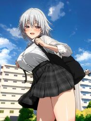 Rule 34 | 1girl, absurdres, anime coloring, apartment, backpack, bag, blush, breasts, clip studio paint (medium), collared shirt, day, grey eyes, grey hair, highres, intensify 0, large breasts, long sleeves, looking at viewer, medium hair, open mouth, original, outdoors, shirt, shirt tucked in, skirt, smile, solo, sweat, thighs, white shirt