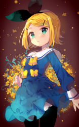 Rule 34 | 1girl, aqua eyes, black pantyhose, black ribbon, blonde hair, blue dress, blue eyes, blush, bow, brown background, closed mouth, commentary request, cowboy shot, dress, floral background, hair ornament, hair ribbon, hairclip, highres, ikari (aor3507), kagamine rin, long sleeves, looking at viewer, no pupils, pantyhose, parted lips, puffy long sleeves, puffy sleeves, ribbon, sailor collar, sailor dress, short hair, solo, swept bangs, tareme, vocaloid, white sailor collar, yellow bow