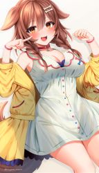 Rule 34 | 1girl, :d, animal ears, artist name, bare shoulders, blush, bracelet, braid, breasts, brown hair, cleavage, collar, collarbone, commentary request, cowboy shot, dog ears, dog girl, dog tail, dress, fangs, hair between eyes, hands up, hololive, inugami korone, inugami korone (1st costume), jacket, jewelry, large breasts, long hair, long sleeves, looking at viewer, marota, off shoulder, open clothes, open jacket, open mouth, orange eyes, pointing, pointing at self, red collar, short dress, simple background, smile, solo, tail, thighs, twin braids, twitter username, virtual youtuber, white background, white dress