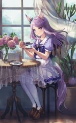 Rule 34 | 1girl, animal ears, blush, bow, brown footwear, chair, curtains, day, ear ribbon, floral print, flower, horse ears, horse girl, horse tail, indoors, kuze kaname, long hair, looking at viewer, mejiro mcqueen (umamusume), pink flower, pink rose, plant, plate, pleated skirt, potted plant, purple eyes, purple hair, ribbon, rose, sailor collar, school uniform, serafuku, short sleeves, sitting, skirt, smile, solo, table, tablecloth, tail, thighhighs, tracen school uniform, umamusume, vase, white sailor collar, white thighhighs, window