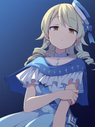 Rule 34 | 1girl, black background, blue background, blue bow, blue dress, blue headwear, bow, brown eyes, brown hair, covered collarbone, dress, earrings, frills, gradient background, highres, idolmaster, idolmaster cinderella girls, jewelry, long hair, looking at viewer, morikubo nono, parted lips, ringlets, solo, stud earrings, tilted headwear, uccow