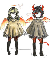 Rule 34 | 1boy, 1girl, aged down, angel wings, black hair, blonde hair, blush, boots, brother and sister, child, closed eyes, dress, funamusea, haiiro teien, holding hands, igls unth, ivlis, long hair, multicolored hair, orange eyes, red hair, short hair, siblings, simple background, smile, taiyou no jubaku, wings