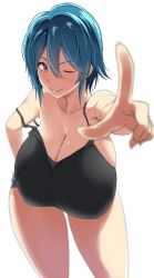 Rule 34 | 1girl, bad id, bad twitter id, bare shoulders, bent over, blue hair, breasts, cleavage, female focus, gigantic breasts, hanging breasts, highres, huge breasts, inactive account, kloah, leaning forward, looking at viewer, one eye closed, pointing, purple eyes, short hair, short shorts, shorts, smile, solo, standing, tank top, thick thighs, thighs, wide hips