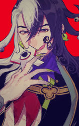 Rule 34 | 1boy, :q, absurdres, ashiya douman (fate), asymmetrical clothes, asymmetrical hair, bell, black eyes, black hair, curly hair, earrings, eyeshadow, fate/grand order, fate (series), fingernails, green eyeshadow, green kimono, green lips, green nails, hair bell, hair between eyes, hair intakes, hair ornament, highres, holding, japanese clothes, jewelry, kimono, licking lips, lipstick, long hair, looking at viewer, magatama, magatama earrings, makeup, male focus, multicolored hair, nail polish, onmyouji, open clothes, open kimono, ribbed sleeves, sharp fingernails, shikigami, solo, split-color hair, toned, toned male, tongue, tongue out, two-tone hair, upper body, very long fingernails, very long hair, wazuri (nami), white hair