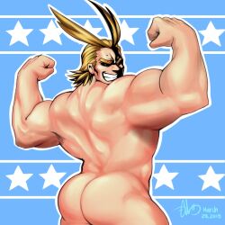 Rule 34 | 1boy, all might, antenna hair, ass, bara, blonde hair, blue background, boku no hero academia, completely nude, cowboy shot, dhanisani, double biceps pose, flexing, from behind, grin, hair slicked back, highres, male focus, mature male, muscular, muscular male, nude, short hair, sideburns, smile, solo, star (symbol), starry background