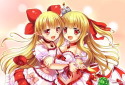 Rule 34 | 2girls, asymmetrical docking, bag, blonde hair, bow, breast press, breasts, cake, candle, character request, choker, cleavage, crown, dress, elf, food, food on head, hug, jewelry, long hair, multiple girls, object on head, open mouth, pendant, pointy ears, red eyes, ribbon, saitou tsukasa, siblings, sisters, smile, source request, twintails, two side up, upper body, very long hair