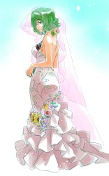 Rule 34 | 1girl, bare back, bridal veil, dress, flower, frilled dress, frills, green hair, highres, kazami yuuka, looking back, petals, red eyes, rose, shirane koitsu, smile, sunflower, touhou, veil, wedding dress