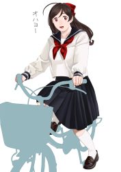 Rule 34 | 1girl, absurdres, alternate costume, bad id, bad twitter id, bicycle, bicycle basket, black sailor collar, black skirt, brown footwear, brown hair, commentary, full body, hair ornament, hair ribbon, hairclip, highres, kantai collection, kneehighs, loafers, long hair, mamiya (kancolle), neckerchief, ojipon, pleated skirt, red eyes, red neckerchief, ribbon, riding, riding bicycle, sailor collar, school uniform, serafuku, shoes, silhouette, simple background, skirt, socks, solo, symbol-only commentary, white background, white socks
