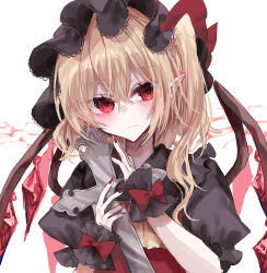 Rule 34 | 1girl, absurdres, adapted costume, ascot, black hat, black shirt, blonde hair, bow, closed mouth, collared shirt, cross, crystal, fingernails, flandre scarlet, frilled sleeves, frills, hair between eyes, hair bow, hat, highres, holding, holding cross, looking at viewer, medium hair, mob cap, nail polish, one side up, pointy ears, puffy short sleeves, puffy sleeves, red bow, red eyes, red nails, red vest, rori82li, sharp fingernails, shirt, short sleeves, simple background, solo, touhou, upper body, vest, white background, wings, wrist bow, wrist cuffs, yellow ascot