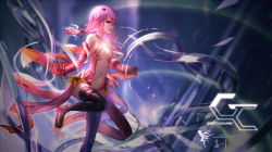 Rule 34 | 10s, 1girl, bare shoulders, black thighhighs, breasts, center opening, cleavage, detached sleeves, elbow gloves, fingerless gloves, gloves, guilty crown, hair ornament, hairclip, highres, long hair, looking at viewer, navel, open mouth, pink hair, red eyes, small breasts, solo, thighhighs, twintails, wangchuan de quanyan, yuzuriha inori