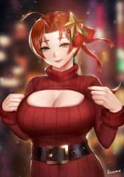 Rule 34 | 1girl, ahoge, belt, breasts, brown eyes, brown hair, christmas, cleavage, cleavage cutout, clothing cutout, creatures (company), delia ketchum, easonx, game freak, highres, long hair, mature female, nintendo, pokemon, pokemon (anime), pokemon (classic anime), snowing, solo, sweater, upper body