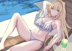 Rule 34 | 1girl, absurdres, bare shoulders, beach chair, bikini, blonde hair, blue eyes, blush, breasts, cleavage, collarbone, cup, drinking glass, hair intakes, highres, hitomin (ksws7544), knee up, large breasts, long hair, looking at viewer, navel, original, sitting, smile, solo, swimsuit, thighs, white bikini