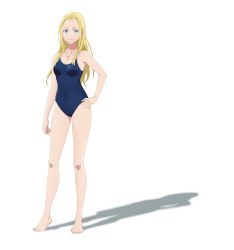 Rule 34 | blonde hair, blue eyes, breasts, full body, hand on own hip, highres, jewelry, kofune ushio, long hair, looking at viewer, medium breasts, necklace, official art, school swimsuit, shell, shell necklace, sidelocks, summertime render, swimsuit, transparent background