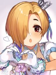 Rule 34 | 1girl, blonde hair, blue ribbon, blue sash, blush, crown, detached collar, detached sleeves, dress, feathers, flower, hair over one eye, hair ribbon, heart, heart hands, highres, idolmaster, idolmaster cinderella girls, idolmaster cinderella girls starlight stage, looking at viewer, mini crown, mmmakaron888, open mouth, red eyes, ribbon, sash, shirasaka koume, short hair, short sleeves, signature, simple background, solo, upper body, white background, white dress