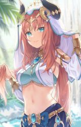 Rule 34 | 1girl, blue eyes, blue gemstone, blue skirt, blurry, blurry background, closed mouth, clothing cutout, crop top, depth of field, forehead jewel, gem, genshin impact, gold trim, hands up, harem outfit, highres, holding, holding own hair, horns, long hair, long sleeves, looking at viewer, low twintails, navel, nilou (genshin impact), parted bangs, raku (mwfc4243), red hair, shoulder cutout, skirt, smile, solo, stomach, twintails, vambraces, veil, vision (genshin impact), wet, wet hair, white headdress