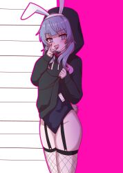 Rule 34 | 1girl, :d, absurdres, animal ears, black hoodie, black leotard, blue eyes, blue hair, blush, clothes lift, cowboy shot, drawstring, fake animal ears, fake tail, fishnet thighhighs, fishnets, garter straps, hatsune miku, highleg, highleg leotard, highres, hood, hood up, hoodie, hoodie lift, kezin (moizi121), legs together, leotard, lifted by self, long hair, looking at viewer, nail polish, open mouth, pink pupils, playboy bunny, pure pure (rabbit hole), rabbit ears, rabbit hole (vocaloid), rabbit tail, red nails, sidelocks, smile, solo, tail, thighhighs, thighs, two-tone background, v over mouth, vocaloid
