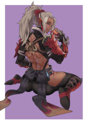 Rule 34 | 1girl, :q, aakira, armor, ass, back, backless outfit, bare back, blush, bow, dark skin, dark-skinned female, from behind, full body, gauntlets, grey hair, hand up, heart, heart-shaped pupils, high ponytail, highres, hip vent, holding, holding mask, licking lips, looking at viewer, looking back, mask, unworn mask, monster hunter (series), monster hunter: world, odogaron (armor), pants, ponytail, rope, shoulder armor, sideways glance, sitting, smile, solo, pauldrons, symbol-shaped pupils, toned, tongue, tongue out, wariza