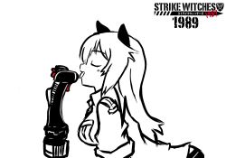 Rule 34 | 1girl, 4chan, animal ears, breasts, cat ears, character request, closed eyes, deculture, flight stick, greyscale, kemonomimi mode, licking, monochrome, oekaki, phallic symbol, sexually suggestive, simple background, solo, strike witches, strike witches 1989, tongue, world witches series