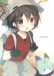 Rule 34 | 1girl, absurdres, backpack, bag, black gloves, black hair, blue eyes, blush, cargo shorts, character name, collarbone, feathers, gloves, helmet, highres, kaban (kemono friends), kemono friends, looking at viewer, lucky beast (kemono friends), open mouth, pith helmet, red shirt, scan, shiratama (shiratamaco), shirt, short hair, shorts, smile
